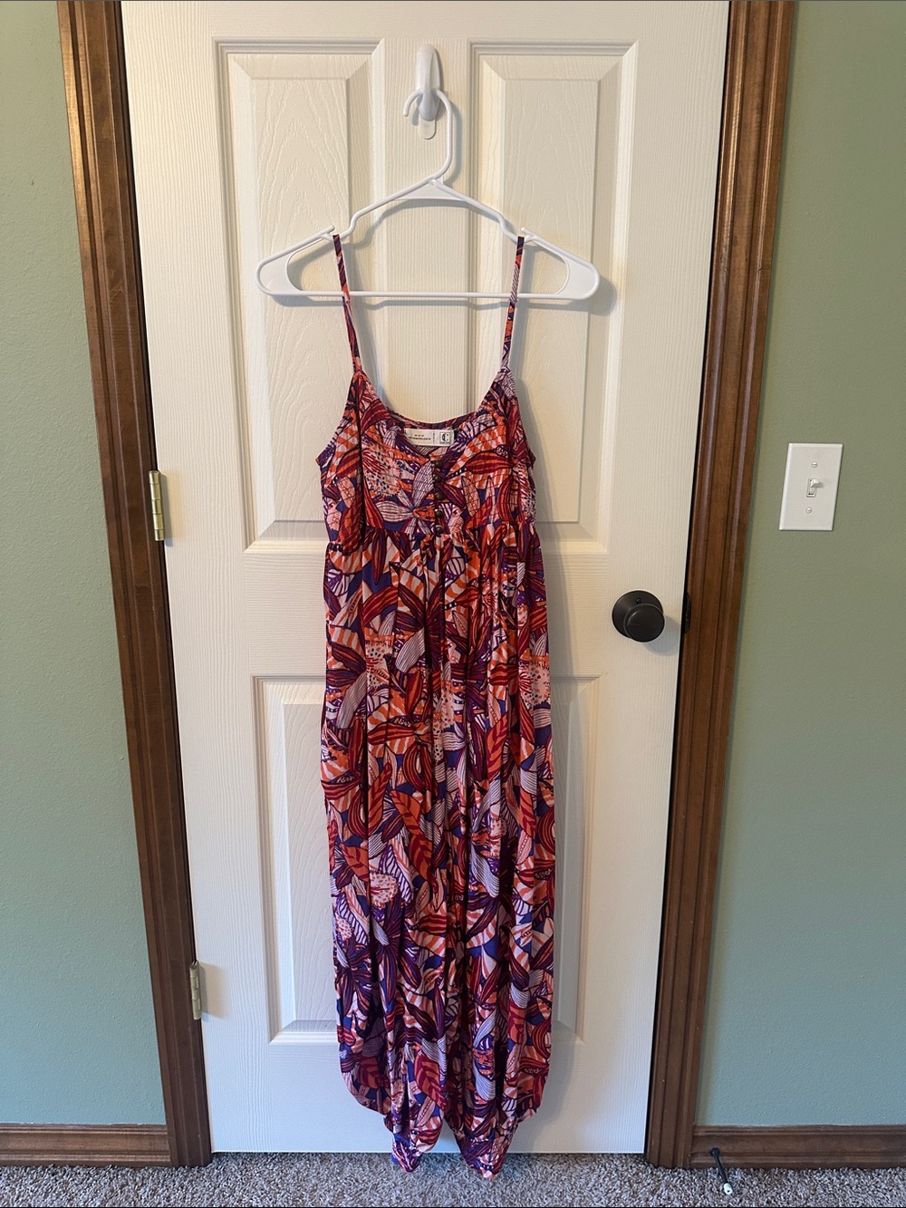 Anthropologie Multicolor Leaf-Print Romper Jumpsuit in Red & Purple